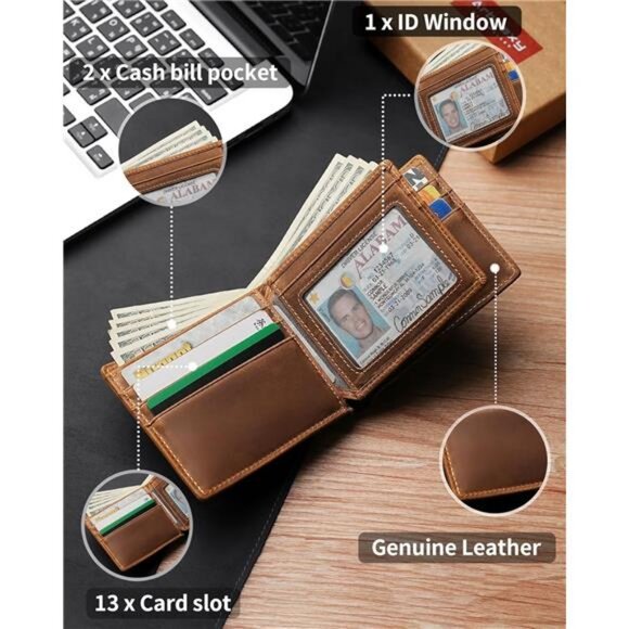 Mens Wallet Bifold Genuine Leather RFID Blocking Wallet for Men with 1 ID Window - Picture 5 of 7